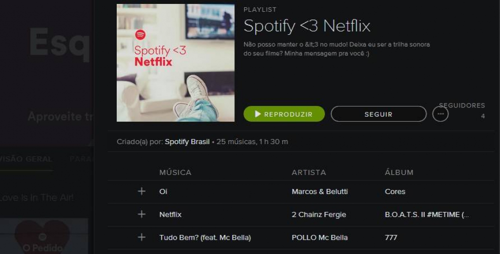 Spotify transforma playlist em pedido de namoro para o Netflix